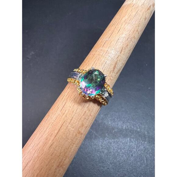 NEW green mystic topaz two toned sterling silver ring size 8 - Picture 7 of 16